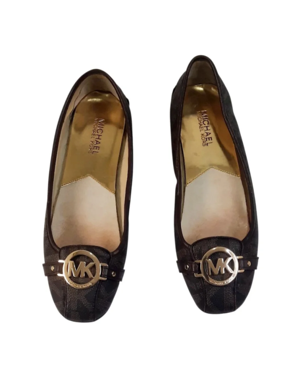 Michael Kors Fulton moccasin flats in brown logo PVC with gold hardware size 8.5